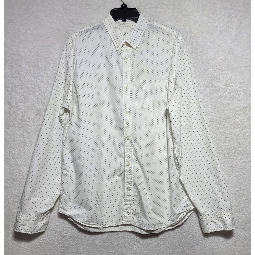 Gap Men's White Navy Polka Dot Button Down Shirt Long Sleeve Cotton Large